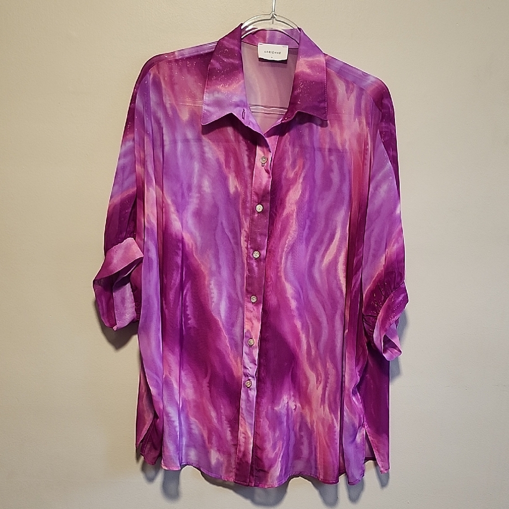 Adrienne Pink Purple Galaxy Fairy Garden Sheer Button Down Shirt Oversized Small